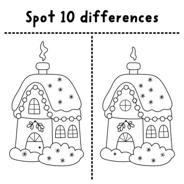 Noel çizgisi çocuklar için farklılıklar buluyor. Noel Baba 'nın evinde kış tatili siyah beyaz aktivitesi. Yazdırılabilir çalışma kâğıdı, boyama sayfası, komik yeni yıl evi olan çocuklar için bulmaca