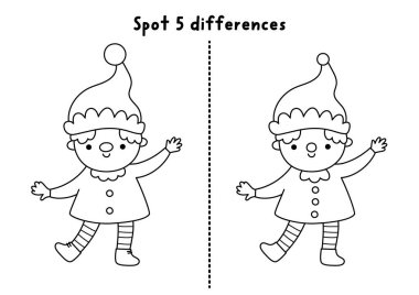 Noel çizgisi çocuklar için farklılıklar buluyor. Kış tatili Elf 'le siyah beyaz eğitim aktivitesi. Yazdırılabilir çalışma kâğıdı, boyama sayfası, komik yeni yıl dwar 'ı olan çocuklar için bulmaca