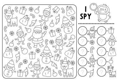 Noel 'de çocuklar için siyah beyaz bir oyun görüyorum. Noel Baba, geyik, elf ve kardan adamla arama ve sayma hareketleri. Yeni yıl basılabilir çalışma kâğıdı. Kış tatili bulmacası, boyama bezi