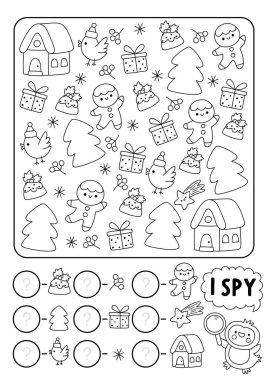 Noel 'de çocuklar için siyah beyaz oyun görüyorum. Zencefilli adam, kuş ve ağaçla arama ve sayma faaliyetleri. Yeni yıl çizelgesi basılabilir çalışma kâğıdı, çocuklar için boyama sayfası. Kış tatili bilmecesi!