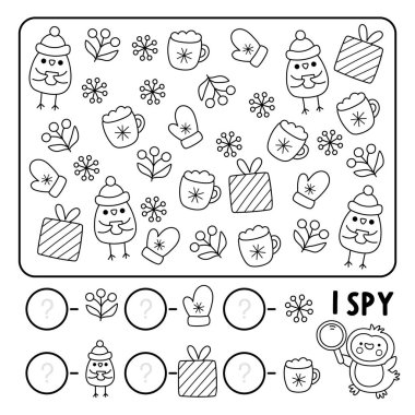 Noel 'de çocuklar için siyah beyaz bir oyun görüyorum. Kuş, mevcut, kar tanesi ile arama ve sayma çizgisi etkinliği. Yeni yıl basılabilir çalışma kâğıdı, çocuklar için boyama sayfası. Kış tatili bilmecesi!
