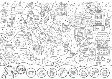 Noel köyü manzaralı siyah beyaz arama oyunu. Yeni yıl çizgisi çocuklar için etkinlik, boyama sayfası arar ve bulur. Ağaçlarla, elflerle, hayvanlarla, Noel Baba 'yla kış tatili çalışmaları.