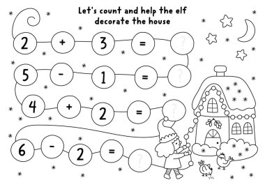 Anaokulu siyah-beyaz oyunlarını sayıyorum. Elf süslemeleriyle ev dekorasyonu yapıyorum. Yeni yıl matematik ek aktivitesi. Tatil özetleri yazdırılabilir çalışma tablosu, çocuklar için boyama sayfası