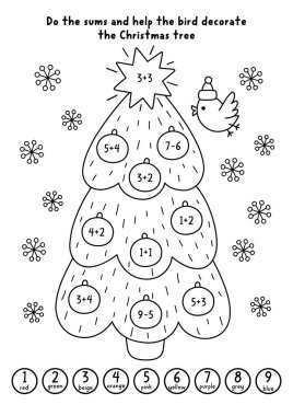 Toplarla ve çelenklerle süslenmiş şirin Noel ağacıyla siyah beyaz oyunu sayıp boyamak. Yeni yıl çizgisi matematiği ve renkleri sayı aktivitelerine göre. Çocuklar için kış tatili basılabilir çalışma tablosu