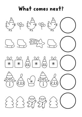 Sırada ne var? Noel siyah-beyaz tatil sembollü çocuklar için mantıksal aktivite. Kış mantık ardılı çalışma listesi. Satır satırı oyununa devam et, yıldız, paten, karla renklendirme sayfası