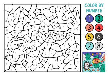 Vector Christmas color by number activity with elf with penguin and snowy scene. Winter black and white counting game. New Year coloring page for kids. Line printable workshee