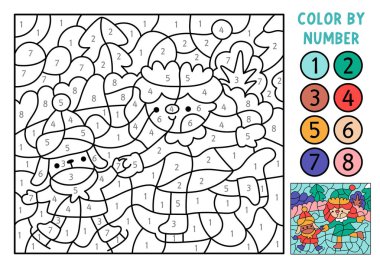 Vector Christmas color by number activity with elf skating on ring with dog. Winter black and white counting game. New Year coloring page for kids. Line printable workshee