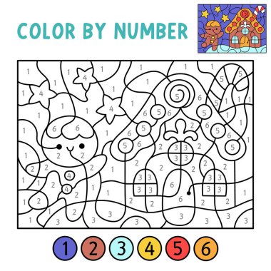 Vector Christmas color by number activity with gingerbread man, house, snowy night scene. Winter black and white counting game. New Year coloring page for kids. Line printable workshee