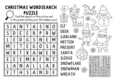 Vector Christmas word search puzzle for kids. Black and white New Year wordsearch quiz with Santa Claus, deer, elf, snowman. Winter holiday line educational cross word activity, coloring pag