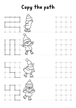 Christmas drawing, writing, tracing, space orientation activity for kids with skating animals. Draw the lines in square box according example. Winter holiday or New Year printable game, puzzl