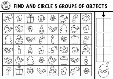 Christmas seek and find game with traditional symbols. Attention skills training puzzle with tree, star. New Year printable activity for kids. Winter holiday searching puzzle. Find groups of object