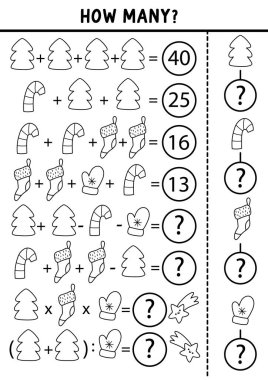 How many Christmas symbols game, equation or rebus. New Year math activity for children. Winter holiday printable counting worksheet for kids with tree, candy cane, stocking, mitte