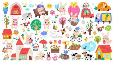 Vector Paskalya klipsi ayarlandı. Tavşan, civciv, kilise, renkli yumurta, sepet, çiçek, ev, yuva, doğa öğesi olan şirin çiftlik ikonları koleksiyonu. Çocuklar için şenlikli çizimler. Bahar tatili tasarım paketi