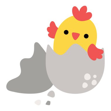 Sarı vektör civciv gri yumurta ikonundan çıkıyor. Beyaz arka planda yalıtılmış çiftlik kuşları kanat çırpıyor. İlkbahar ya da Paskalya bebeği çizimi. Sevimli evcil hayvan çizimi