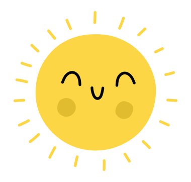 Şirin gülümseyen kawaii güneş ikonu. Çocukça bir illüstrasyon. Sarı gezegen resmi beyaz arkaplanda izole edilmiş. Bahar ya da yaz sembolü klipsi