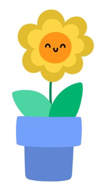 Mavi çömlek ikonunda vektör ayçiçeği. Turuncu açan güneş çiçeği çizimi. Çiçek parçası. Tatlı bir yaz, bahçe ya da Paskalya köyü beyaz arka planda soyutlanmış. Çiftlik bitkisi resmi