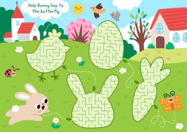 Geometrik civcivi, havucu, tavşanı ve yumurtası olan çocuklar için Paskalya köyü labirenti. Tatlı tavşanlı komik labirent oyunu. Bahar tatilinde basılabilir etkinlik, kırsal kesimde çalışma listesi, kır evi, kilise.