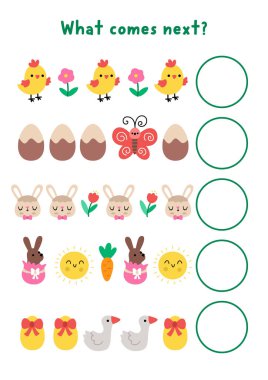 Sırada ne var? Tatil sembollü okul öncesi çocuklar için Paskalya mantıksal aktivitesi. Bahar mantık ardılı çalışma tablosu. Piliç, tavşan, yumurta, çiçek, kelebek oyununa devam edin.