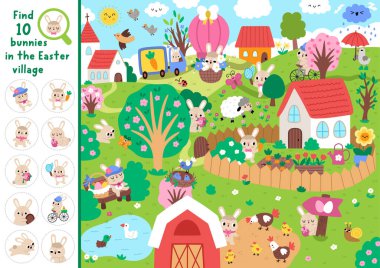 Paskalya Köyü manzarasıyla vektör arama oyunu. Benekli gizli tavşanlar. Kırsal kesimde çocuklar için basılabilir aktivite arayın ve bulun. Kiliseyle, çiftlik hayvanlarıyla, çiçek açan ağaçlarla, kuşlarla bahar tatili çalışmaları.