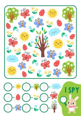 Bahar çocuklar için casusluk oyunu. Güneşle ilgili araştırma ve sayma aktiviteleri, çiçek açan ağaçlar, kelebekler, renkli yumurtalar, çiçekler. Anaokulu çocukları için basılabilir çalışma kâğıdı. Basit Paskalya bayramı bulmacası