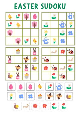 Resimli çocuklar için Paskalya Köyü sudoku bulmacası. Kesik ve yapıştırıcı elementli basit bir bahar tatili testi. Çikolata tavşanı, yumurta, civciv ve çiçekle eğitim aktivitesi. Eksik nesneyi çiz