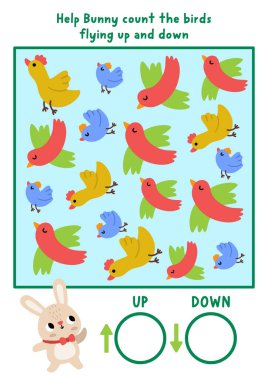 Çocuklar için inişli çıkışlı Paskalya mantık oyunu. Tavşan ve kuşların bir aşağı bir yukarı uçtuğunu görüyorum. Çocuk için bahar tatili yazdırılabilir yer yönlendirme çalışma tablosu