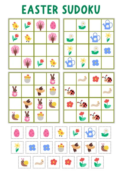 Resimli çocuklar için Paskalya Köyü sudoku bulmacası. Kesik ve yapıştırıcı elementli basit bir bahar tatili testi. Çikolata tavşanı, yumurta, civciv ve çiçekle eğitim aktivitesi. Eksik nesneyi çiz