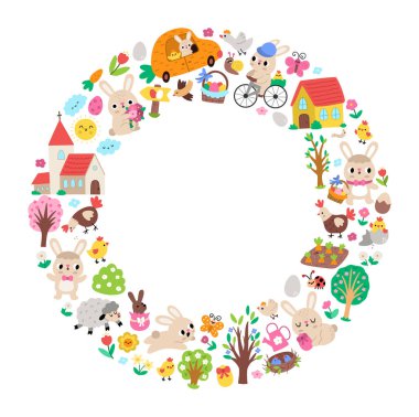 Geleneksel sembollü, tavşanlı, civcivli, renkli yumurtalı paskalya paskalyası çerçevesi. Pankartlar için şablon tasarımı, davetiyeler. Kilise şeklinde şirin bir bahar tatili çelengi.