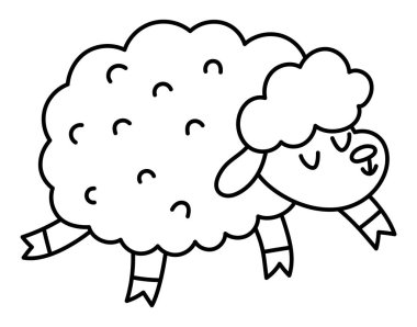 Vektör koyun çizgisi simgesi. Beyaz arka planda izole edilmiş sevimli gülen çiftlik hayvanı. Tapılası siyah-beyaz çizim ya da çocuklar için boyama sayfası. Komik bahar ya da Paskalya Köyü