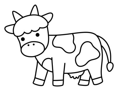 Vektör inek çizgisi simgesi. Beyaz arka planda izole edilmiş şirin bir çiftlik hayvanı. Sevimli siyah-beyaz çizimler ya da çocuklar için boyama sayfası. Komik bahar ya da Paskalya Köyü