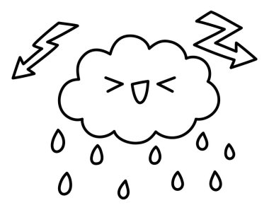 Şirin, gülümseyen kawaii bulutu yağmur damlaları ikonu düşürüyor. Siyah-beyaz vektör çizimi. Fırtına konsepti resmi beyaz arkaplanda izole edilmiş. Bahar sembolü kırpması, renklendirme pag