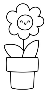 Saksı çizgisi ikonunda vektör ayçiçeği. Siyah beyaz, çiçek açan güneş çiçeği çizimi. Çiçek parçası. Hoş bir yaz, bahçe ya da Paskalya Köyü çiçek açan sayfası beyaz arka grubunda izole edilmiş.