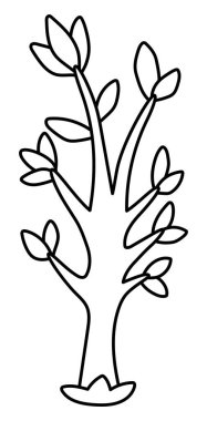 Beyaz arkaplanda çiçek açan ağaç çizgisi simgesi izole edildi. Çalı çırpı ve yapraklı bahçe ya da orman bitkisi. Siyah beyaz bahar, Paskalya ya da çiftlik illüstrasyonu. Doğal yeşillik boyama bezi