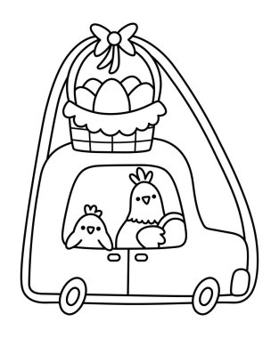 Renkli yumurta sepeti hediyesi ve hatun yolcu çizgisi ikonu olan bir araba süren vektör tavuk. Çiftlik kuşu sürücüsü boyama sayfası. Bahar hayvanı çocuklar için siyah-beyaz çizimi. Komik tavuk klipsi.