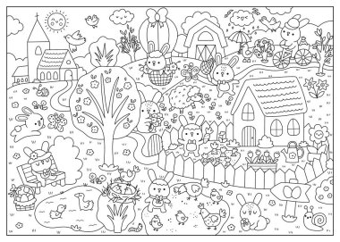 Vector Easter köyü siyah beyaz manzara. Kırsal doğa, kilise, tavşan, renkli yumurta, hayvanlar, bahçeli ev, piliçlerle dolu çizgi sahnesi. Çocuklar için bahar tatili geçmişi