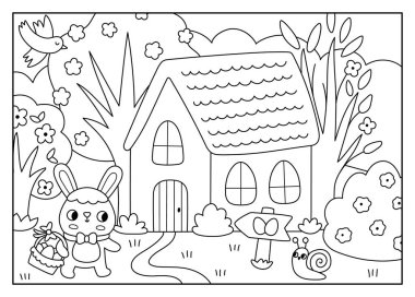 Vector Easter köyü yatay manzarası. Çiçek açan bahçede tavşanla kırsal alan sahnesi yumurta sepetiyle evine gidiyor. Bahar tatili siyah beyaz arka plan, çocuklar için boyama sayfası