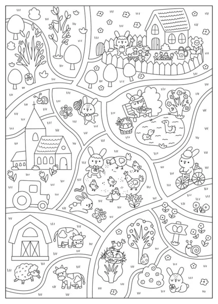 Vektör Paskalya Köyü haritası. Kırsal çizgi detaylı sahne ya da kilise, tavşan, renkli yumurta, hayvanlar, havuçlu ve bahçeli ev, piliçlerle boyama sayfası. Bahar siyah ve beyaz tatil manzarası