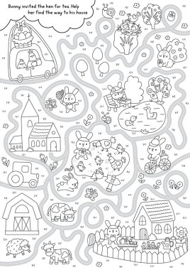 Easter village black and white maze with hen on car going to bunny with chick. Line labyrinth game with bird. Spring holiday printable activity, worksheet, coloring page with country scene, road