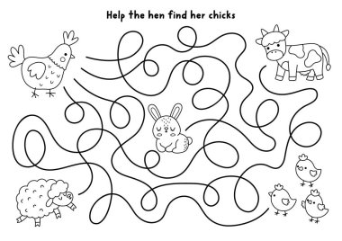 Paskalya köyü siyah-beyaz labirent, tavuk yavrularına gidiyor. Çiftlik kuşu ve hayvanlarla çizgi labirenti oyunu. Bahar tatilinde basılabilir etkinlikler, çalışma kağıtları, koyunlarla boyama sayfası, inek, bunn