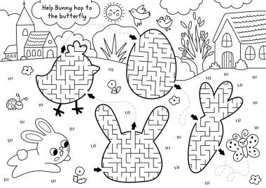 Easter village black and white maze with geometrical chick, carrot, bunny, egg. Line labyrinth game with hare. Spring holiday printable activity, worksheet, coloring page with rural country scen