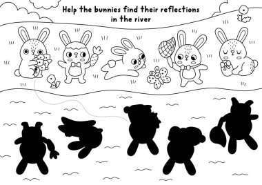 Easter village line shadow matching activity with bunnies looking for reflections in water. Spring holiday black and white puzzle with rabbits, river. Find correct silhouette printable coloring pag