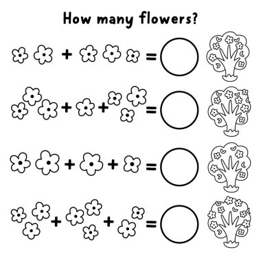 Çiçek açan ağaçlarla kaç tane siyah beyaz oyun oynanır? Çocuklar için bahar tatili matematik ek aktivitesi. Basit yazdırılabilir sayım çizelgesi, bahçe planı olan çocuklar için boyama sayfası