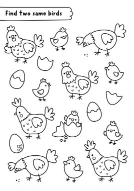 Aynı çiftlik kuşundan iki tane bul. Paskalya köyü çocuklar için siyah-beyaz eşleşme aktivitesi. Bahar tatili eğitim çizelgesi sınavı. Tavşanlı basılabilir boyama sayfası, yumurtadan çıkan piliç, örneğin...