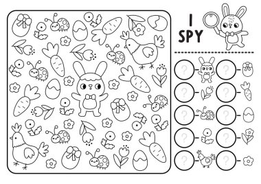 Paskalya köyü siyah beyaz çocuklar için casusluk oyunu. Tavşan, tavuk, havuç, yumurta ve çiçeklerle arama ve sayma hareketleri. Yazdırılabilir çalışma kağıdı. Basit bir bahar tatili bulmacası, renkli pag