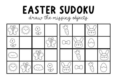 Resimli çocuklar için Paskalya Köyü sudoku bulmacası. Tavşanlı, çikolatalı, havuçlu, çiçekli siyah beyaz bir sınav. Bahar tatili etkinliği ya da boyama sayfası. Kayıp objec 'i çiz