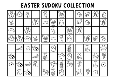 Resimli çocuklar için Paskalya sudoku bulmacası. Tavşanlı, yumurtalı, fıstıklı, çiçekli, kuşlu siyah beyaz bilgi yarışması koleksiyonu. Bahar tatili etkinliği ya da boyama sayfası. Kayıp objec 'i çiz