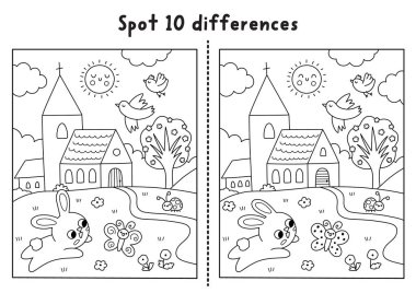 Paskalya siyah-beyaz oyunu farklı bulur. Bahar tatili sırasında kilisenin yakınında kelebek yakalayan tavşanlarla ilgili eğitici aktiviteler. Çocuklar için bulmaca. Yazdırılabilir çalışma tablosu, renklendirici pag