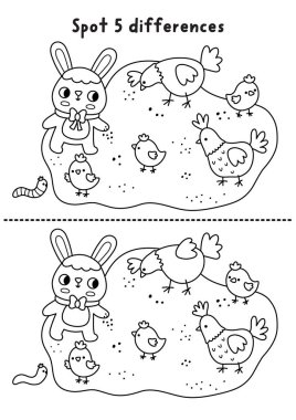 Paskalya siyah-beyaz oyunu farklı bulur. Tavşanları ve tavukları besleyen tavuklarla bahar tatili eğitim hattı aktivitesi. Çocuklar için şirin bir bulmaca. Yazdırılabilir çalışma sayfası, dikkat için renklendirme sayfası
