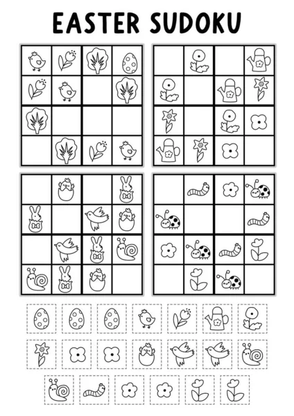 Resimli çocuklar için Paskalya Köyü sudoku bulmacası. Kesik ve yapıştırıcı elementli siyah ve beyaz bahar tatili testi. Eğitim hattı etkinliği, çikolata tavşanlı boyama sayfası, örneğin...