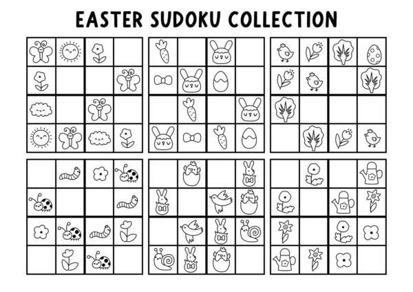 Resimli çocuklar için Paskalya sudoku bulmacası. Tavşanlı, yumurtalı, fıstıklı, çiçekli, kuşlu siyah beyaz bilgi yarışması koleksiyonu. Bahar tatili etkinliği ya da boyama sayfası. Kayıp objec 'i çiz